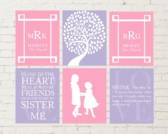 Sisters wall art, girls wall art, siblings wall art, shared room art, girls monogram art, sisters quotes, set of 6 custom colors