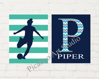 Soccer girl gift, soccer art print, female soccer player, monogram art print, name art print, custom prints, custom sports art, set of 2