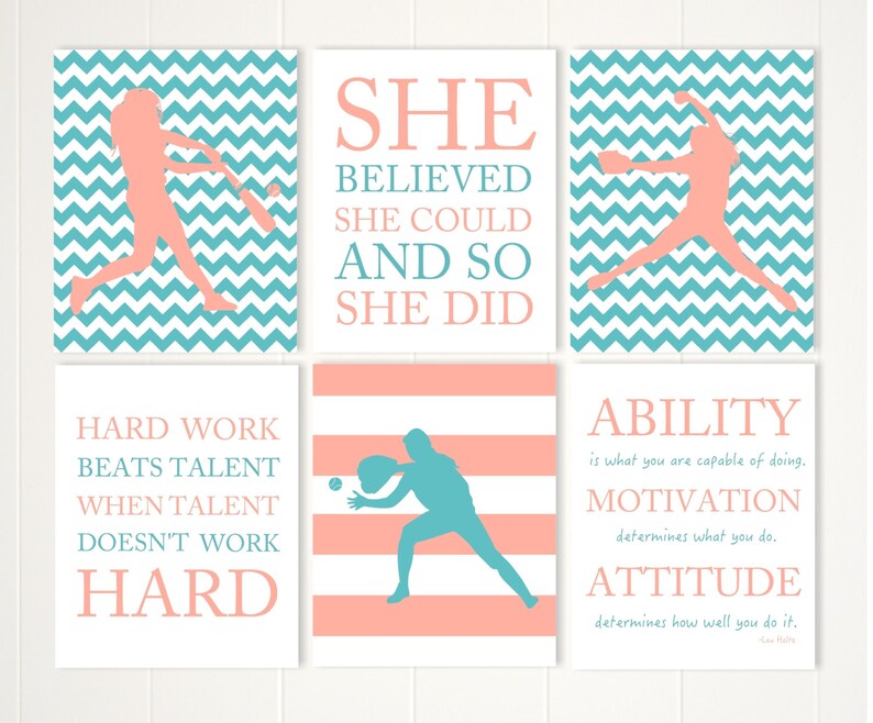 Gift for girl softball set of 6 girls wall art softball wall art softball quotes softball girls room inspirational girls sports art