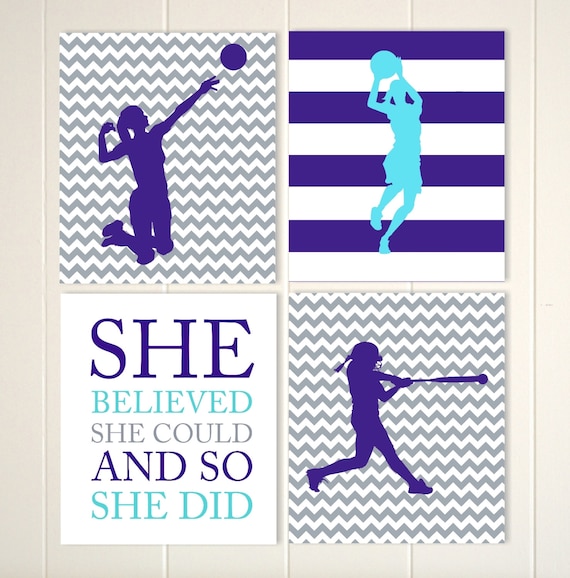 Softball Room Decor, Volleyball Wall Art, Basketball Girl, Girls Wall Art,  Teen Girl Gift Idea, Set of 6, Choose Your Colors and Sports 