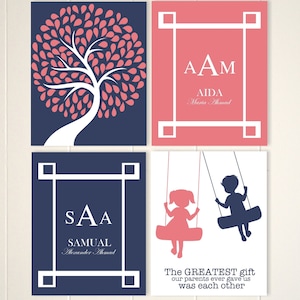 Brother sister wall art, siblings art, brother sister quotes, children wall art, kids art, monogram, typography, set of 4 prints image 1