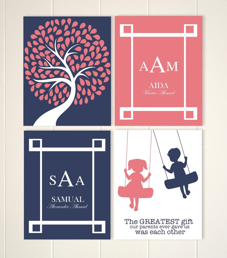 Brother sister wall art, siblings art, brother sister quotes, children wall art, kids art, monogram, typography, set of 4 prints image 1
