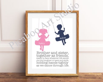 Sister and brother wall art, siblings art, personalized kids art, shared room decor. boy girl art, brother sister quote, custom colors