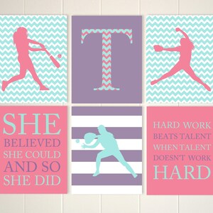 Girls sports art, softball wall art, softball girls room, softball pitcher, softball catcher, softball room decor, set of 6 image 1