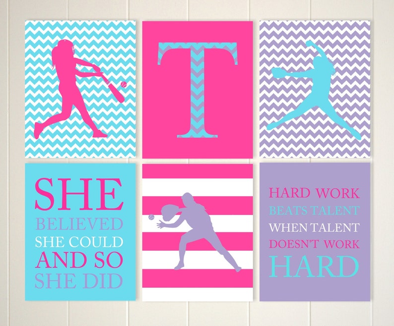 Girls sports art, softball wall art, softball girls room, softball pitcher, softball catcher, softball room decor, set of 6 image 3