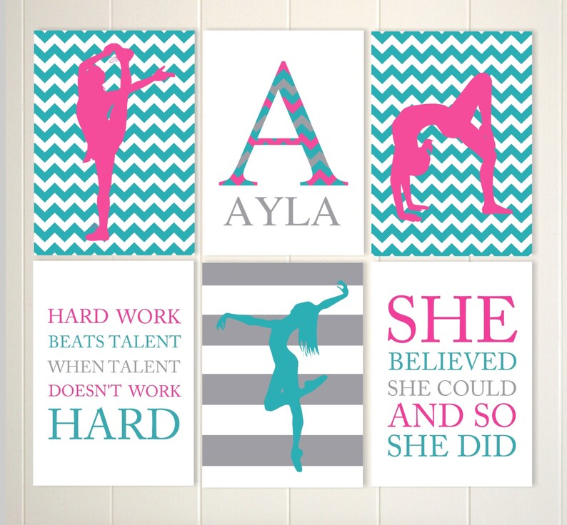 set of 6 monogram cheerleader art gift for girl teen girl wall art choose your colors and sports Gymnastics wall art dance wall art