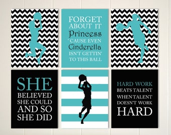 Inspirational quote art, girls quotes wall art, basketball girl, basketball wall art, basketball player, sports art for girls, set of 6