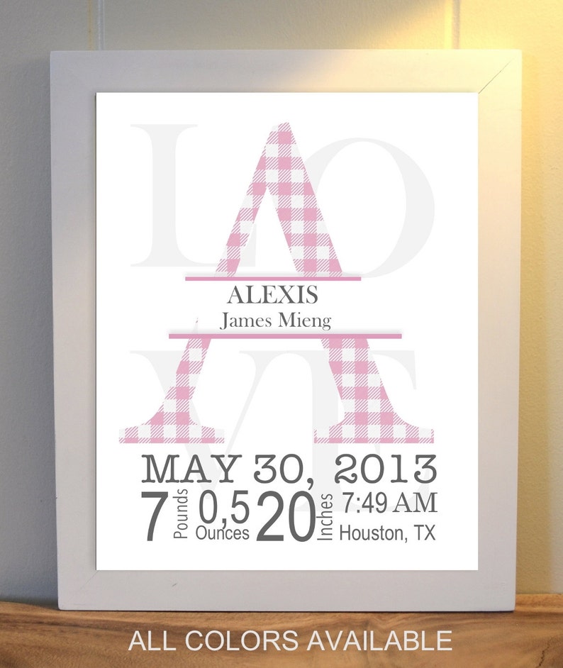 Nursery Art Birth Details Monogram Letter Gingham Nursery Etsy