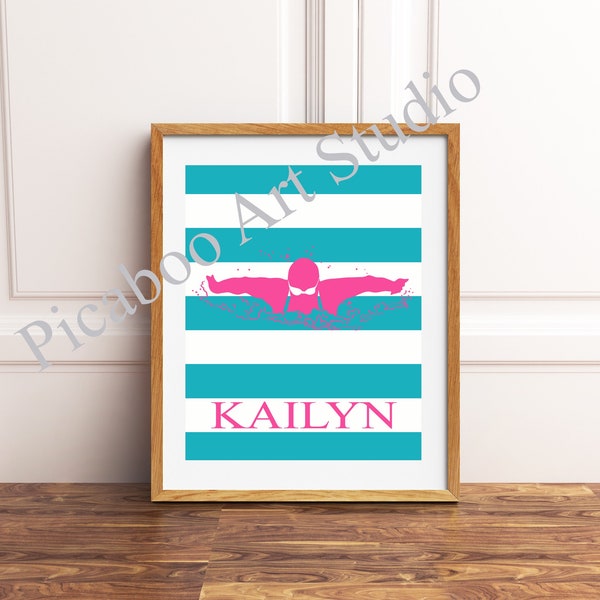 Female swimmer, butterfly swimmer, swim team, swim wall art, swimming, teal hot pink room decor, girls bedroom, decor, custom sports colors