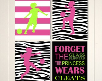 Kunst für Mädchen, Fußball-Mädchen, Zebra-Muster Mädchen Zimmer Dekor, Fußballer Wandkunst, Satz von 4 benutzerdefinierte Farben und Sport