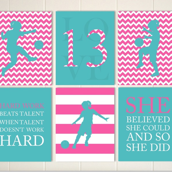 Children sports art, girls room art, soccer art, soccer girl, sports quotes, motivational art, set of 6, choose your colors and sports
