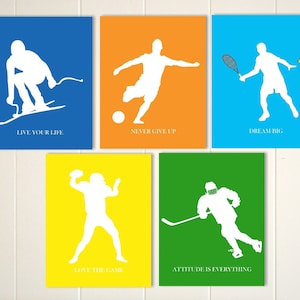 Tennis, ice hockey, football, soccer, skiing, boys sports wall art, sports posters, boys room wall art, set of 5, custom colors