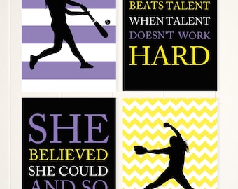 Girls softball wall art, softball room decor, pitcher, batter, softball quotes art, inspirational girls art, set of 4, custom colors