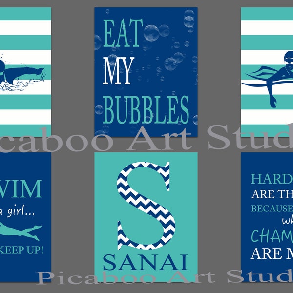 Eat my bubbles, I swim like a girl, swim quotes, swim wall art, girl swimmer, swimmer gift idea, swimmer art print, set of 6 custom prints