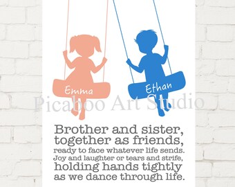 Sister brother, siblings art, shared spaces wall art, playroom art, brother and sister quotes, personalized kids art, shared room decor