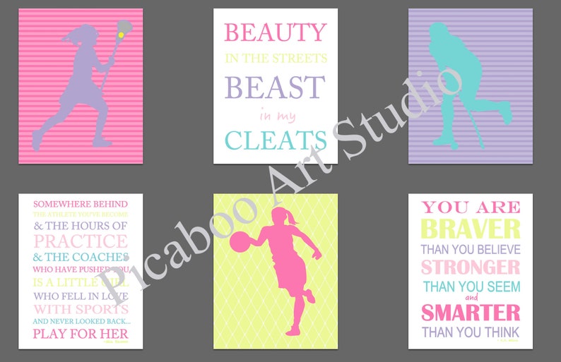 rainbow colors wall art rainbow colors room decor set of 6 Lacrosse girl teen girl room wall art basketball field hockey art print