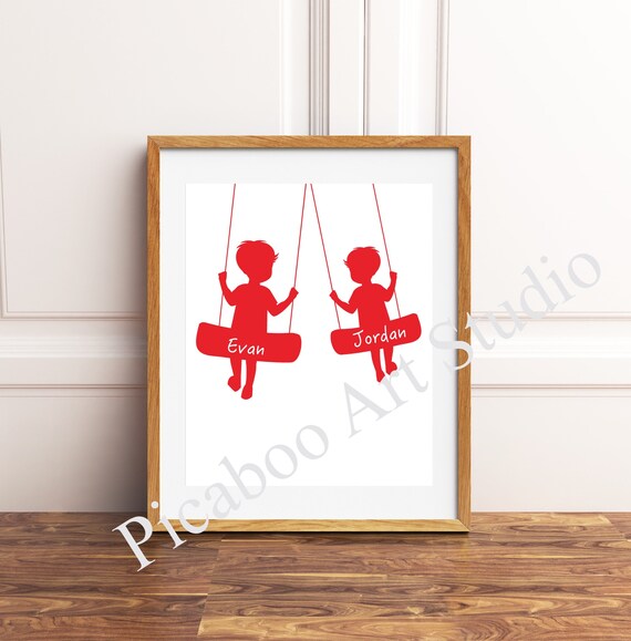 Two Brothers Wall Art Twin Boys Wall Art Brothers Boys Shared Room Decor Playroom Art New Mom Gift Custom Colors