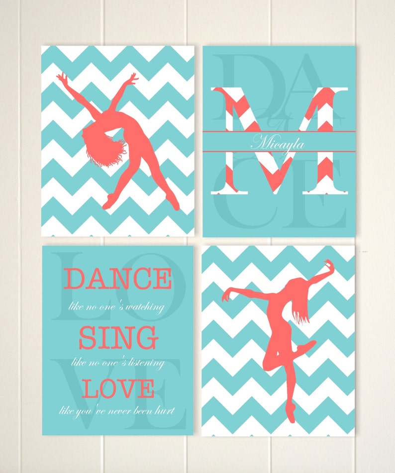 Girls room decor, hip hop art, dance art, girls wall art, dorm poster, childrens poster, chevron wall art, custom colors, set of 4 prints image 1