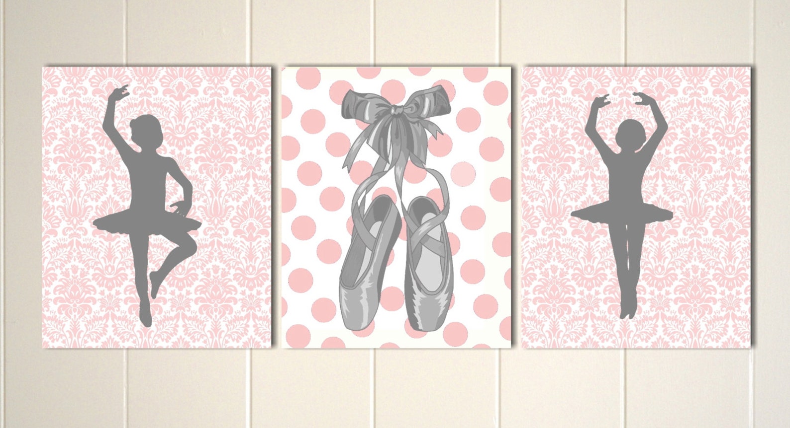 ballerina wall art, little girls room, little ballerina, baby girl nursery, polkadot nursery, ballet slippers, set of 3, custom