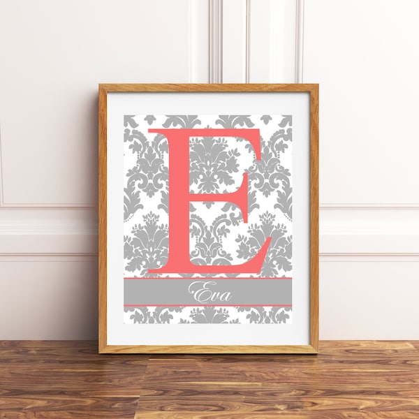 Coral grey, damask wall art, girls monogram, coral room decor, baby girl nursery, monogram, choose your colors and background pattern