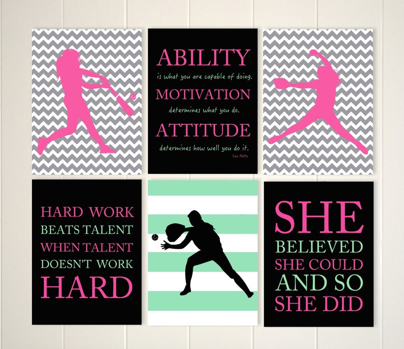 Gift for girl softball set of 6 girls wall art softball wall art softball quotes softball girls room inspirational girls sports art