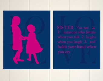 Sisters definition wall art, sister wall art, girls shared room decor, sisters quote, custom colors, set of 2