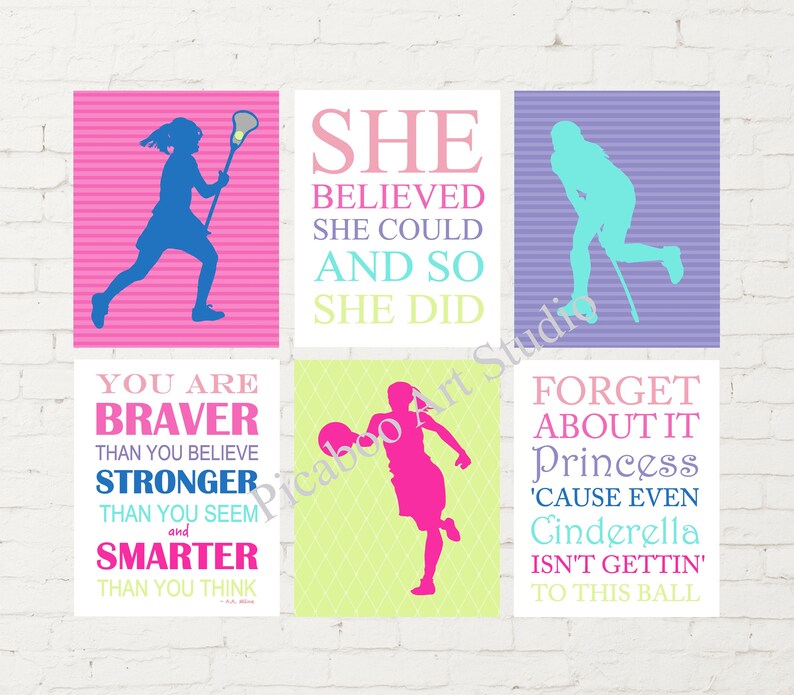 rainbow colors wall art rainbow colors room decor set of 6 Lacrosse girl teen girl room wall art basketball field hockey art print