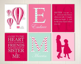 Sisters wall art, girls shared room decor, hot air balloon, monogram girls art, big sister, little sister, sisters quote art, Set of 6