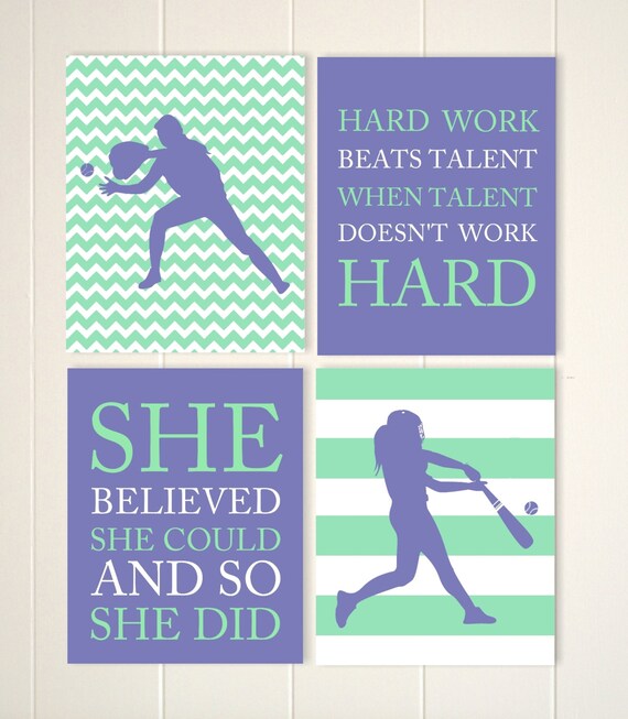 Girls Softball Wall Art Softball Room Decor Pitcher Batter Softball Quotes Art Inspirational Girls Art Set Of 4 Custom Colors