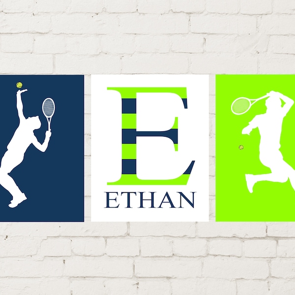 Tennis gift, boys wall art, tennis player, teen boy gift, tennis wall art, boys room decor, set of 3, custom colors