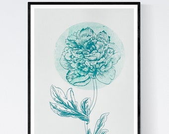 Flower poster vintage, unique peony wall decoration,  screenprint wall poster