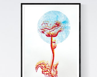 Unique vintage poppy print, Flower wall art, beautiful handmade screenprint