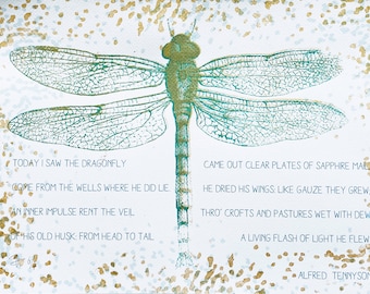 Dragonfly painting, dragonfly art, dragonfly wall decor, insect screenprint, vintage print, limited edition, gift for her, modern art