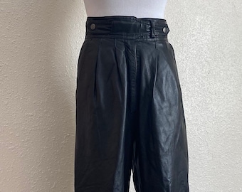 RARE Vintage 1980's Tannery West Double Cross Built-in Belt Pleated Leather Trouser Size 6 Flawless Buttery High Waist Tapered Lambskin Pant