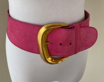 Vintage 80's/90's Donna Karan New York Pink Suede Leather High Waist Belt w/ Oversize Brass Buckle Made In Italy Genuine Leather DKNY Size M