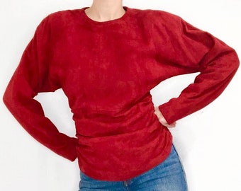 RARE Vintage 1980's 100% Suede Red Side Ruched Blouse, Andrea Jovine Designer Collection Top, Women's Size 8, Fully Lined w/ Dolman Sleeve