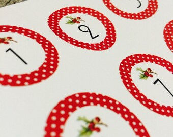 Christmas 1" Circle Numbers 1-31: Red Polkadot with Holly (Series 3)