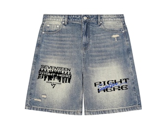 Seventeen Concert Denim Shorts, Y2K Streetwear, Baggy Distressed Kpop Fashion