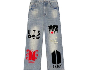 Jeans anchos desgastados de la gira mundial de BTS, atuendo urbano de Kpop ARMY para conciertos.