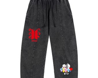 BT21 Snow Wash Cotton Pants, Vintage Kpop Army Concert Outfit, Loose Fit Joggers