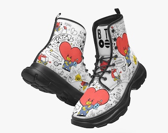 BT21 King TATA Lässige klobige Lederstiefel - BTS V Merch Kpop Schuhe - Ästhetische Plattform Streetwear Stiefel, wasserdichtes Unisex Schuhgeschenk