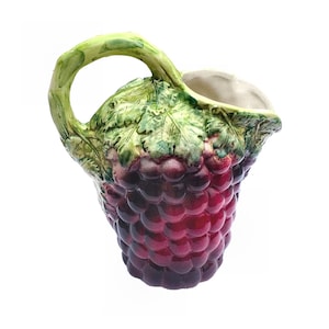 Italian Majolica Purple Grape Cluster Pitcher with Green Stem Leaf Handle