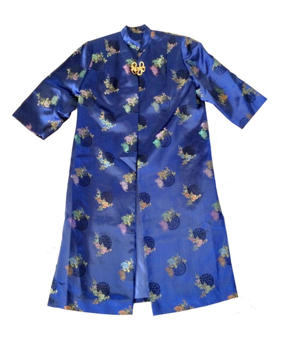 Vintage Asian Silk Brocade Mid-Calf Blue Kimono