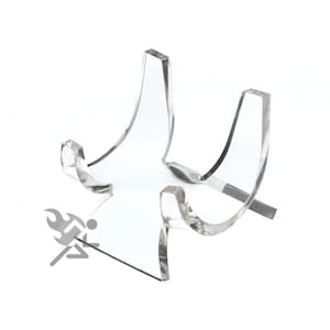 May include: Clear acrylic display stand for a plate or other object. The stand has two curved supports and a flat base.