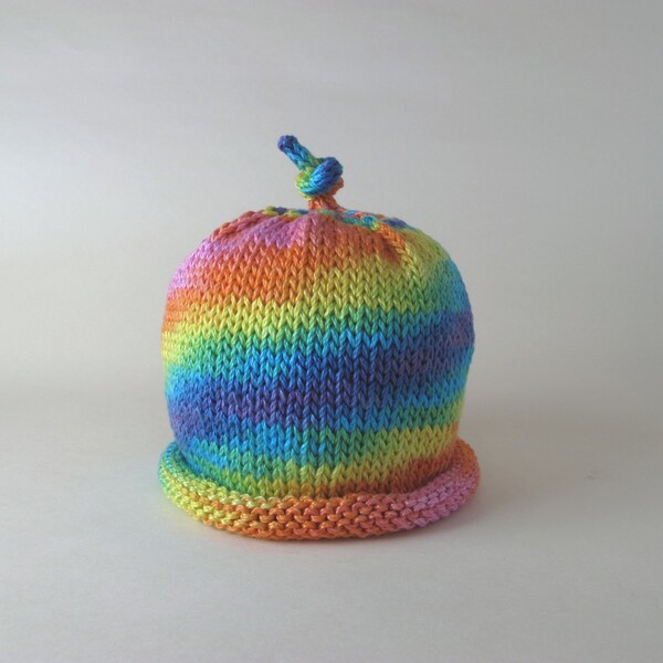 Rainbow Baby Beanie,3Mo Hand Knit Hat,Pima Cotton Knit Hat,Yellow Pink Baby Hat,Hand Painted 6Mo Hat,Newborn Cotton Hat,Rolled Brim Baby Hat