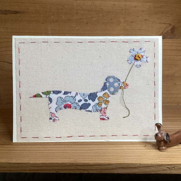 Daisy the Dachshund fabric hand embroidered card