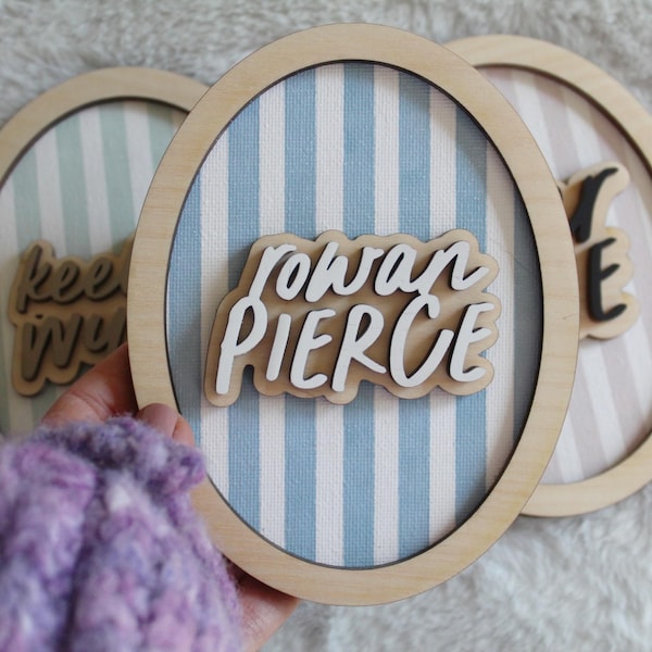 Personalized Baby Name Announcement, Blue Watercolor Stripe, Custom Birth Announcement Oval Wood Sign