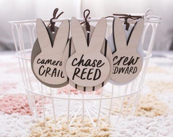 Etiqueta personalizada para cesta de Pascua, etiqueta con nombre de conejito grabado