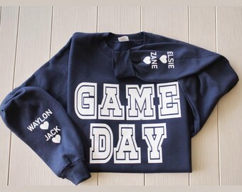 Personalized Game Day Sweatshirt for Mother's Day, Glitter Name Pullover, Sports Crewneck, Long Sleeve Mom, Custom kid Name on Sleeve, Gifts