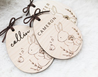 Personalized Easter Basket | Custom Easter basket for girls and boys | Laser Engraved Easter Basket name tags | Whimsical Easter Bunny Tags